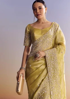 Yellow Tissue Saree With Heavy Floral Embroidered Border