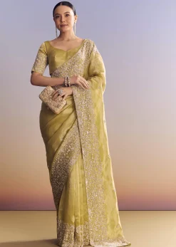 Yellow Tissue Saree With Heavy Floral Embroidered Border