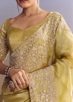 Yellow Tissue Saree With Heavy Floral Embroidered Border