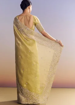 Yellow Tissue Saree With Heavy Floral Embroidered Border