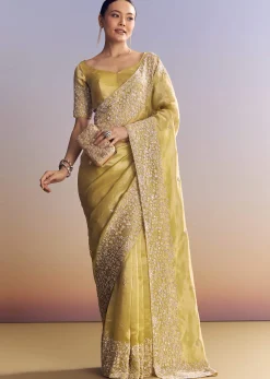 Yellow Tissue Saree With Heavy Floral Embroidered Border