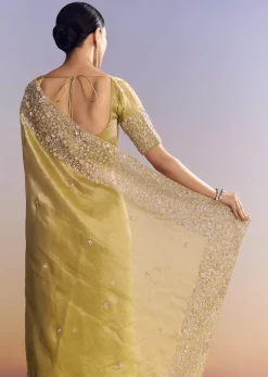 Yellow Tissue Saree With Heavy Floral Embroidered Border