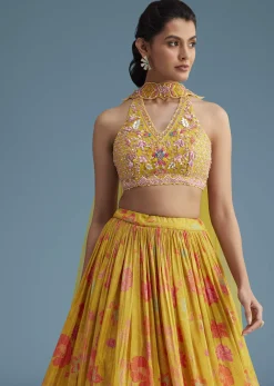 Yellow Tissue Silk Lehenga Set With Floral Print And Embroidery