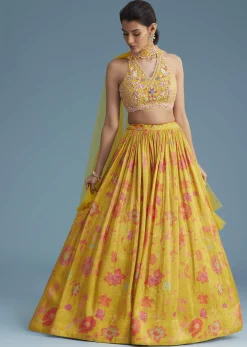 Yellow Tissue Silk Lehenga Set With Floral Print And Embroidery