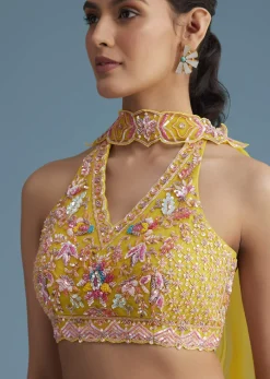 Yellow Tissue Silk Lehenga Set With Floral Print And Embroidery