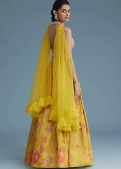 Yellow Tissue Silk Lehenga Set With Floral Print And Embroidery