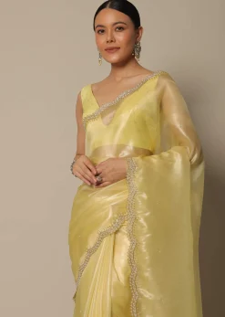 Yellow Tissue Silk Saree With Bead Work And Unstitched Blouse Piece
