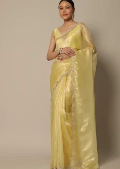 Yellow Tissue Silk Saree With Bead Work And Unstitched Blouse Piece