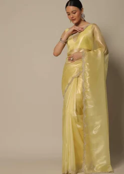 Yellow Tissue Silk Saree With Bead Work And Unstitched Blouse Piece