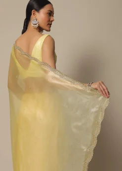 Yellow Tissue Silk Saree With Bead Work And Unstitched Blouse Piece