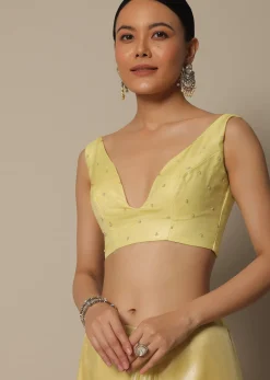 Yellow Tissue Silk Saree With Bead Work And Unstitched Blouse Piece