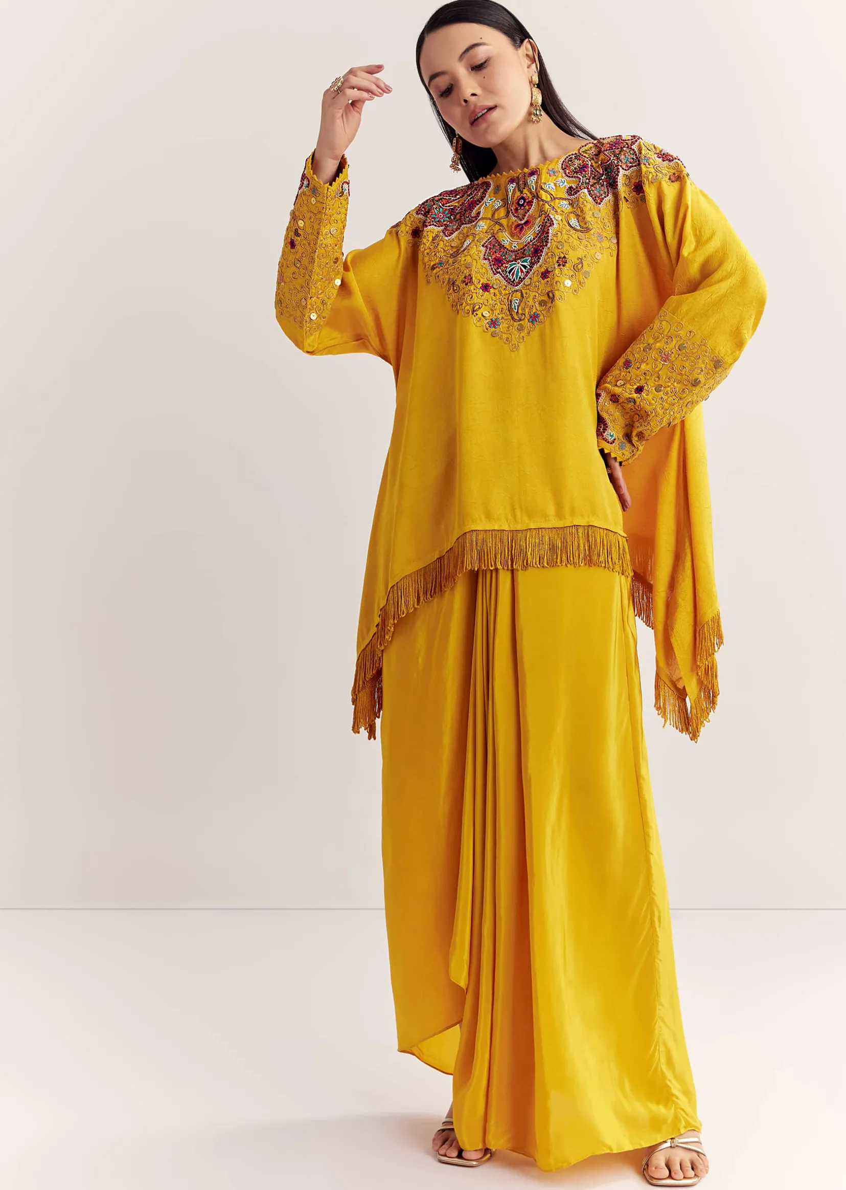 Yellow Tussar Silk Kurta Skirt With Beads And Threadwork