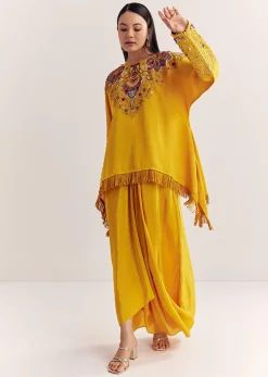 Yellow Tussar Silk Kurta Skirt With Beads And Threadwork
