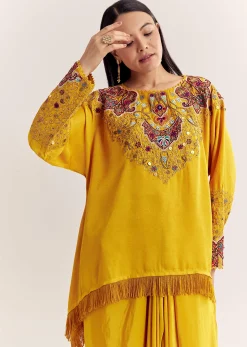 Yellow Tussar Silk Kurta Skirt With Beads And Threadwork