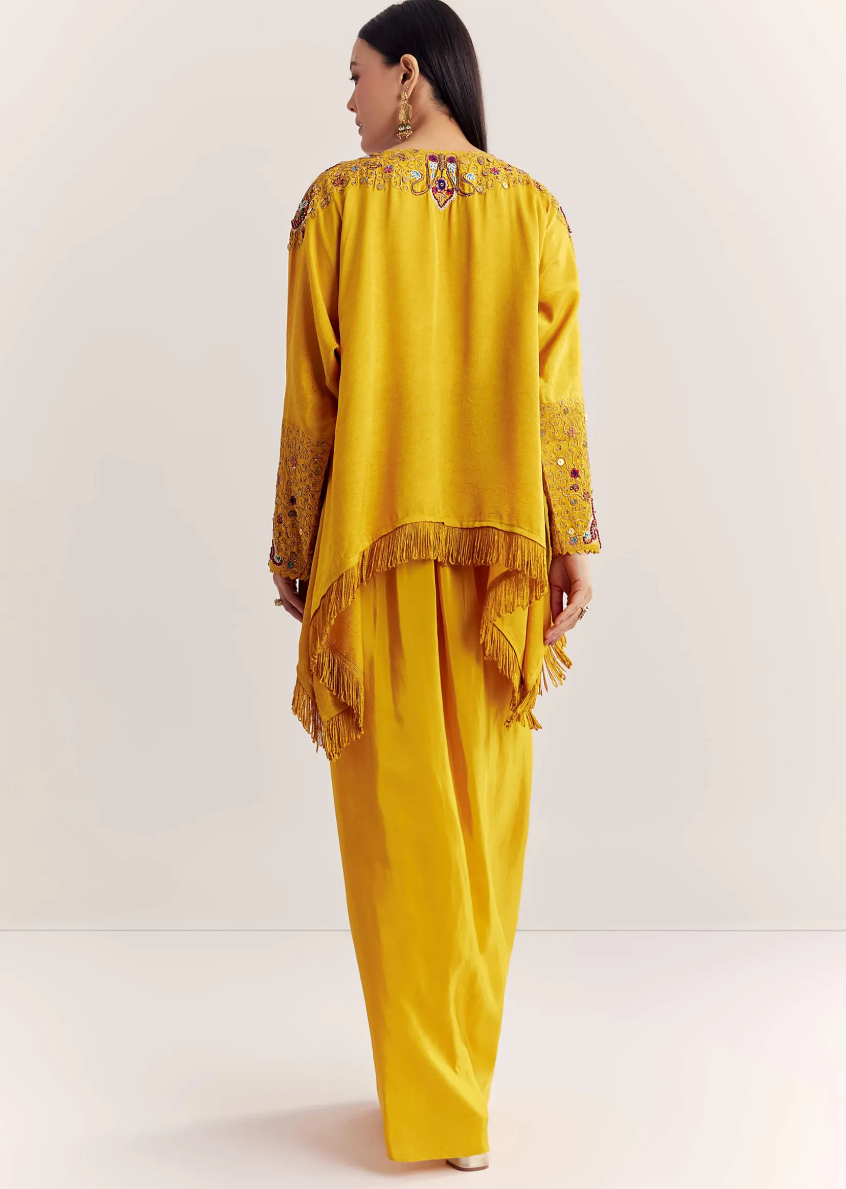 Yellow Tussar Silk Kurta Skirt With Beads And Threadwork