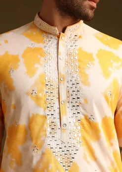 Yellow Tye Dye Print Kurta Set With Mirror Work