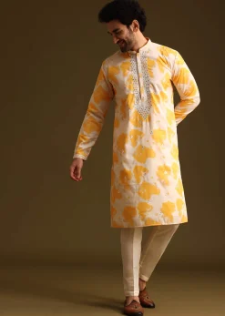 Yellow Tye Dye Print Kurta Set With Mirror Work