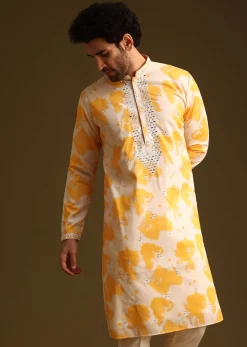 Yellow Tye Dye Print Kurta Set With Mirror Work