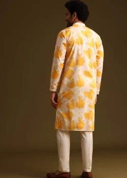 Yellow Tye Dye Print Kurta Set With Mirror Work