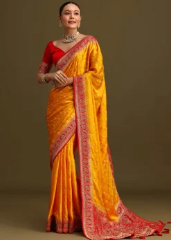 Yellow Zardosi Embroidered Saree With Contrast Pallu Border And Unstitched Blouse
