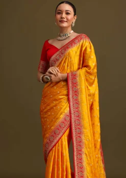 Yellow Zardosi Embroidered Saree With Contrast Pallu Border And Unstitched Blouse