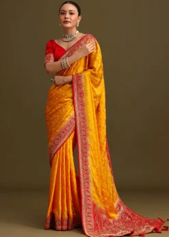 Yellow Zardosi Embroidered Saree With Contrast Pallu Border And Unstitched Blouse