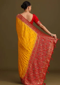 Yellow Zardosi Embroidered Saree With Contrast Pallu Border And Unstitched Blouse