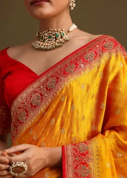Yellow Zardosi Embroidered Saree With Contrast Pallu Border And Unstitched Blouse