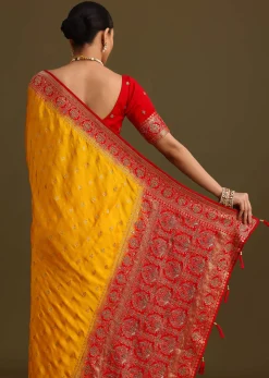 Yellow Zardosi Embroidered Saree With Contrast Pallu Border And Unstitched Blouse