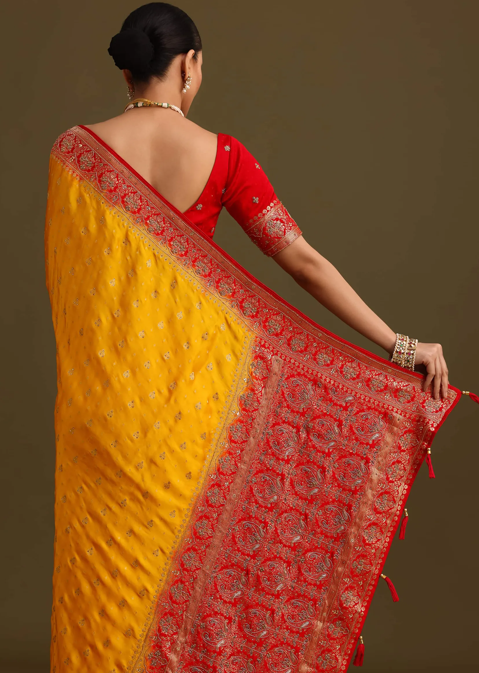 Yellow Zardosi Embroidered Saree With Contrast Pallu Border And Unstitched Blouse