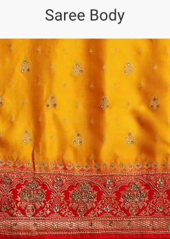 Yellow Zardosi Embroidered Saree With Contrast Pallu Border And Unstitched Blouse