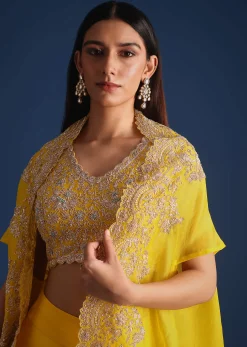 Yellow Zardozi Work Crop Top With Jacket And Skirt