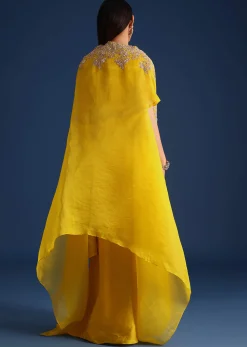 Yellow Zardozi Work Crop Top With Jacket And Skirt