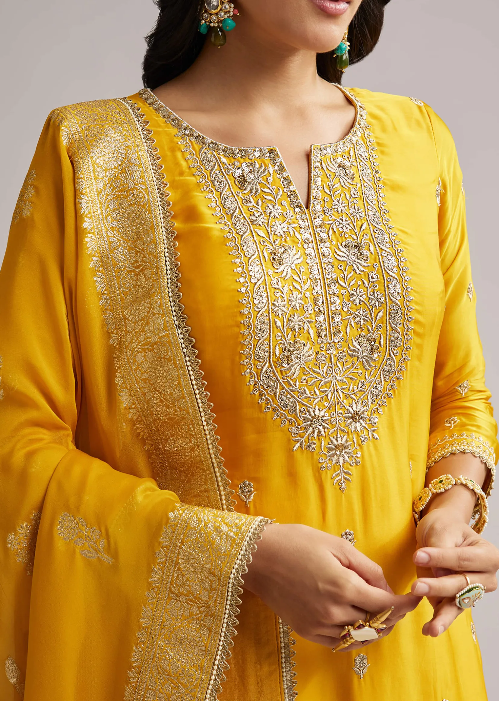 Yellow Zari Palazzo Suit Set With Dupatta