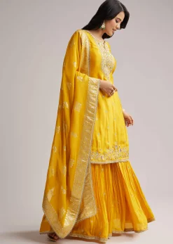 Yellow Zari Palazzo Suit Set With Dupatta