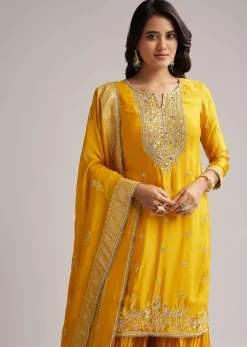 Yellow Zari Palazzo Suit Set With Dupatta
