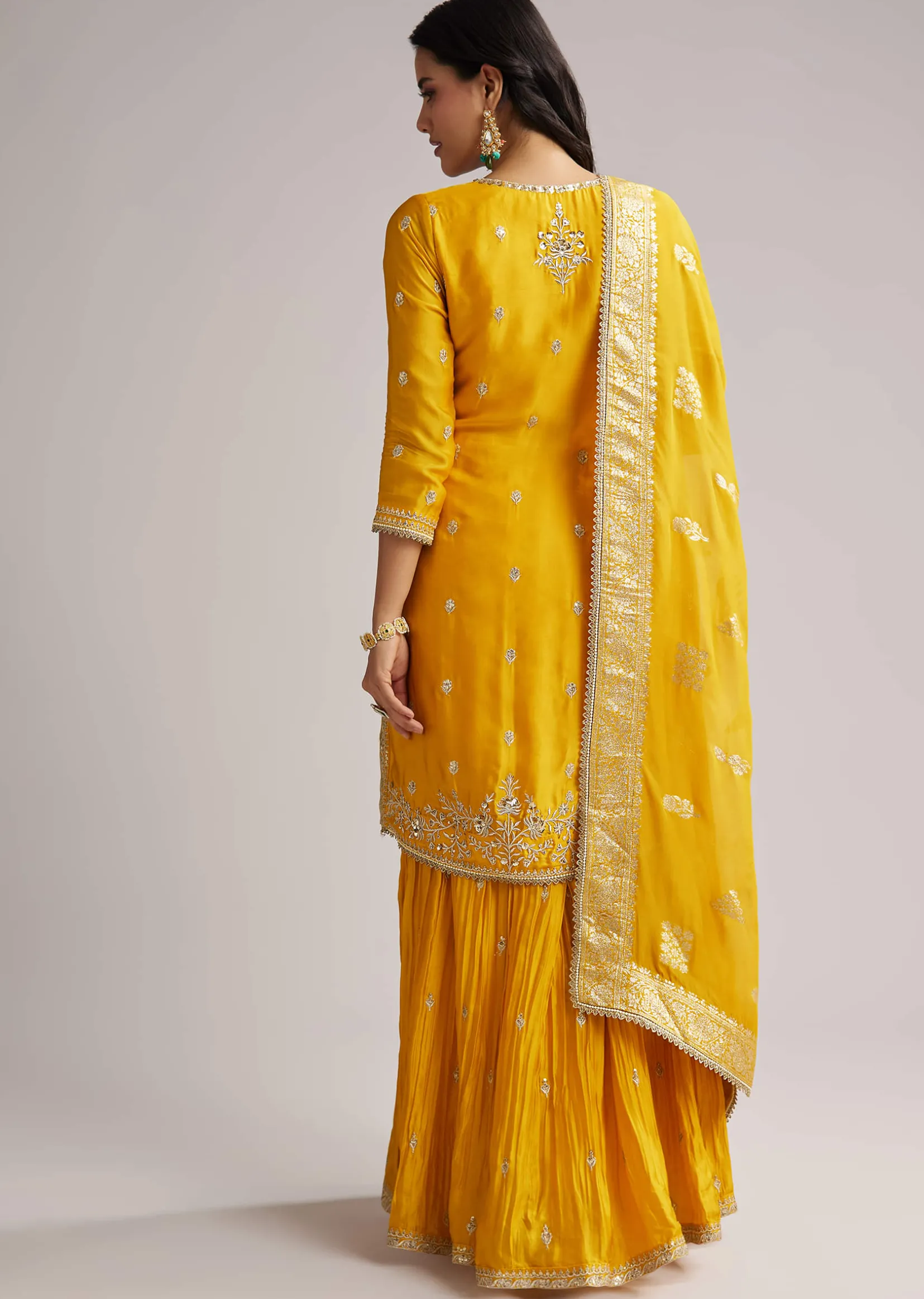 Yellow Zari Palazzo Suit Set With Dupatta