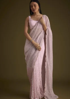 Zephyr Pink Saree In Sequins And Organza With Embroidery
