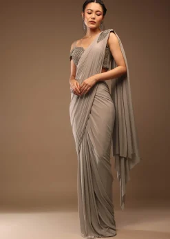 Zinc Grey Pre Drape Saree And A Cold Shoulder Top In Stones Embellishment