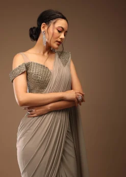 Zinc Grey Pre Drape Saree And A Cold Shoulder Top In Stones Embellishment