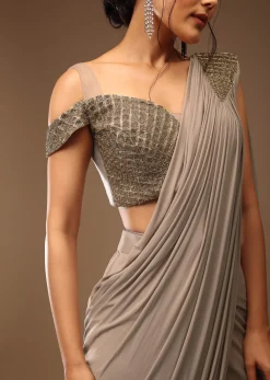 Zinc Grey Pre Drape Saree And A Cold Shoulder Top In Stones Embellishment