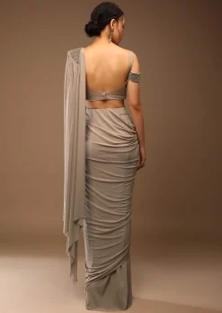 Zinc Grey Pre Drape Saree And A Cold Shoulder Top In Stones Embellishment