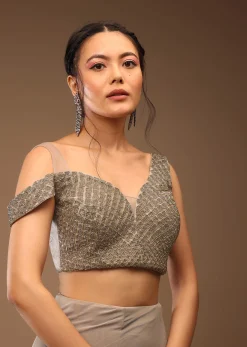 Zinc Grey Pre Drape Saree And A Cold Shoulder Top In Stones Embellishment