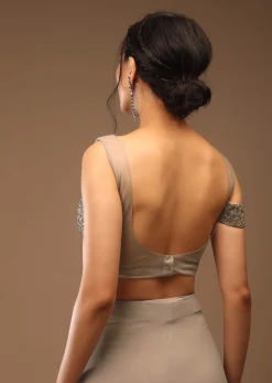 Zinc Grey Pre Drape Saree And A Cold Shoulder Top In Stones Embellishment